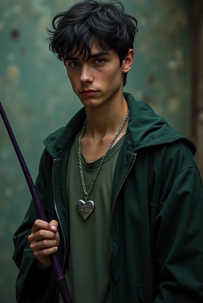 I would like you to create a male character for a Harry Potter RPG, here goes: He is a ager and is a Slytherin, has light brown eyes, Bblack hair, light brown skin, mild burn scars on arms, wears a silver necklace with a heart pendant that says Nysa and has a short dark purple wooden wand in her right hand.