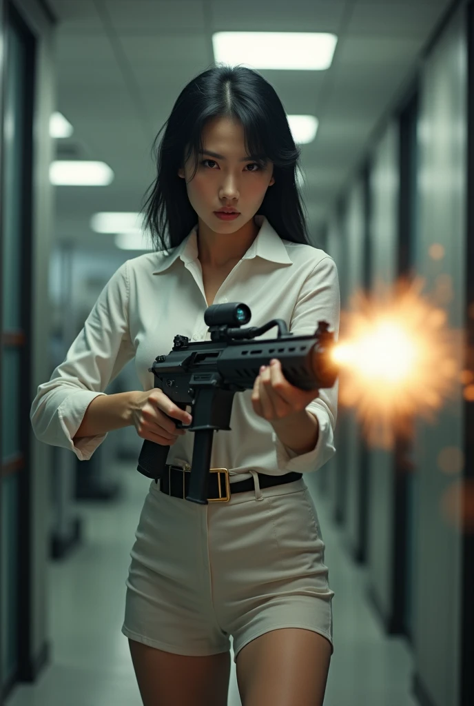 beautiful chinese office lady white shirt tight mini skirt realistic machine gun toting hip firing real person legs apart standing rampage shooting serious expression looking at side target facing