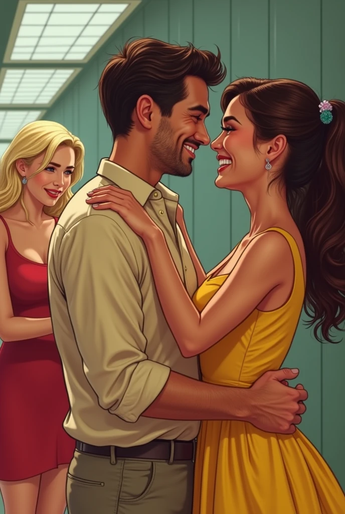 Happy man holding hand of happy brunette woman dressed in yellow. Ao fundo, a blonde woman dressed in red sad crying desperately, because she was replaced by the brunette.