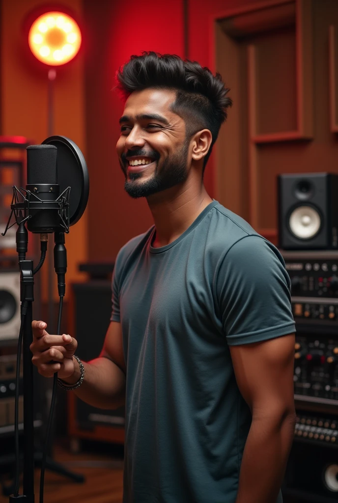 Indian singer male in sound studio with microphone dress tshirt
