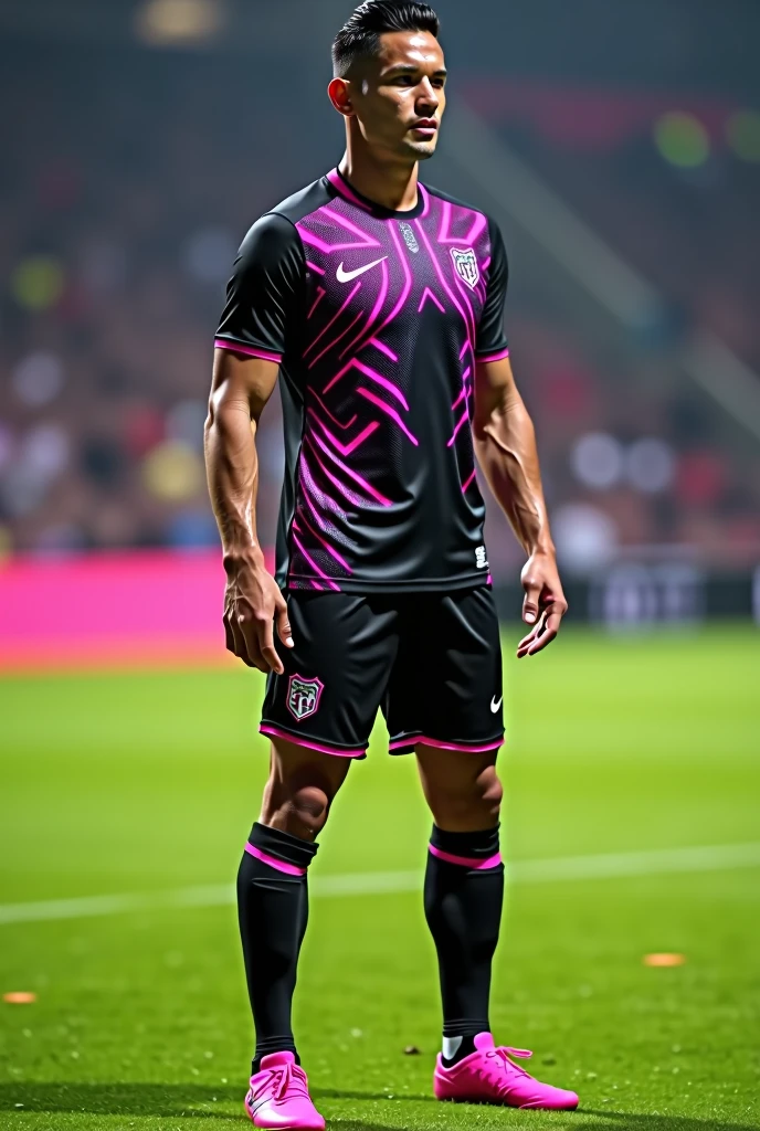 Make me a soccer uniform with a spectacular design that the colors are black with pink