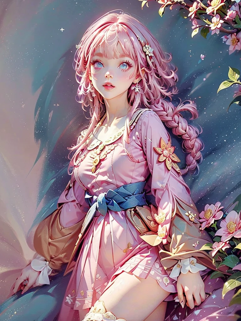 Highest quality, Very detailed, beautiful, Exquisite, 16K, Full HD, Absurd,White Background、Stickers、No background、Her lips are a pale pink、Her eyes are baby blue with streaks of light pink, And her eyeshadow is cream. Her pink hair is in long fish braids、Her bangs mostly cover the left side of her face、The rest is pulled back, And dark pink tinsel scattered in her hair. She wears a pink headband with leaves, Strawberries covered in whipped cream, And a smoothie. She wears a hot pink blouse with strawberry sleeves and a pale pink flower with leaves in the center of her chest. Her skirt is shell-like、Covered in golden seeds、With a peplum of pearlescent pink that hangs like liquid. Her gold tights are covered in dots, And her heels are hot pink strawberries with leaves decorating the instep. Shine; Glitter