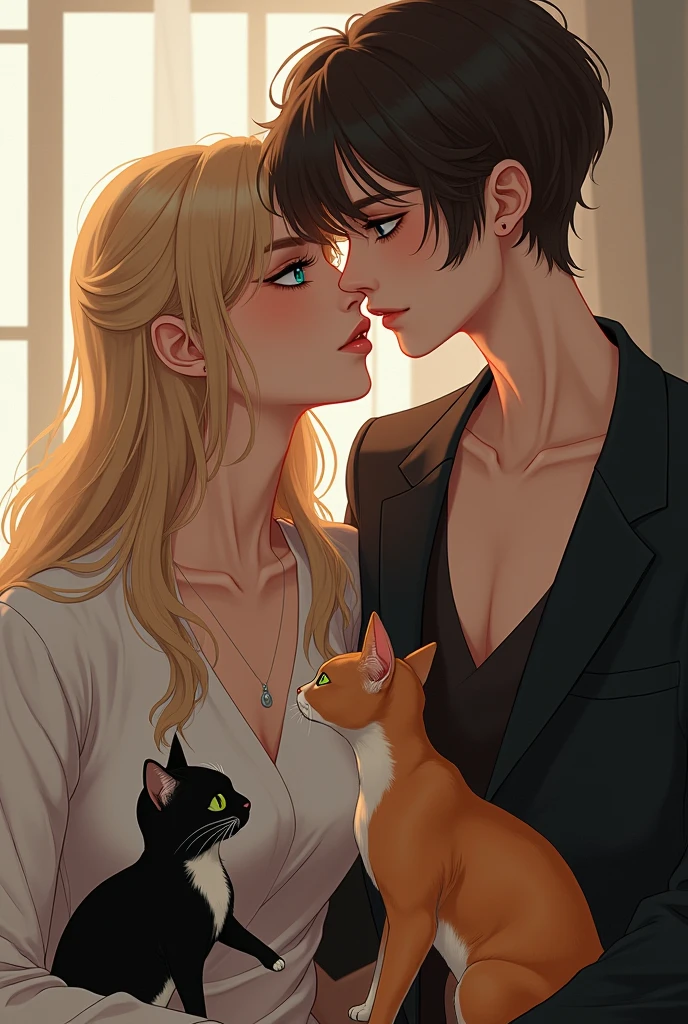 Something intimate yet not overly domestic. A 2 feminine woman with long blonde hair, sea blue eyes, dressed in not-so-feminine clothes, and a 6'2" tall 1 masculine woman with short boy cut dark brown hair and emerald green eyes in stylish masculine clothes. An orange boy cat and a black-and-white girl cat. A little realistic cover picture would be great 