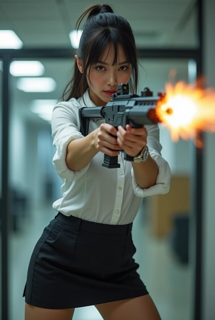 beautiful chinese office lady white shirt tight mini skirt realistic machine gun toting hip firing real person legs apart standing rampage shooting serious expression looking at side target facing