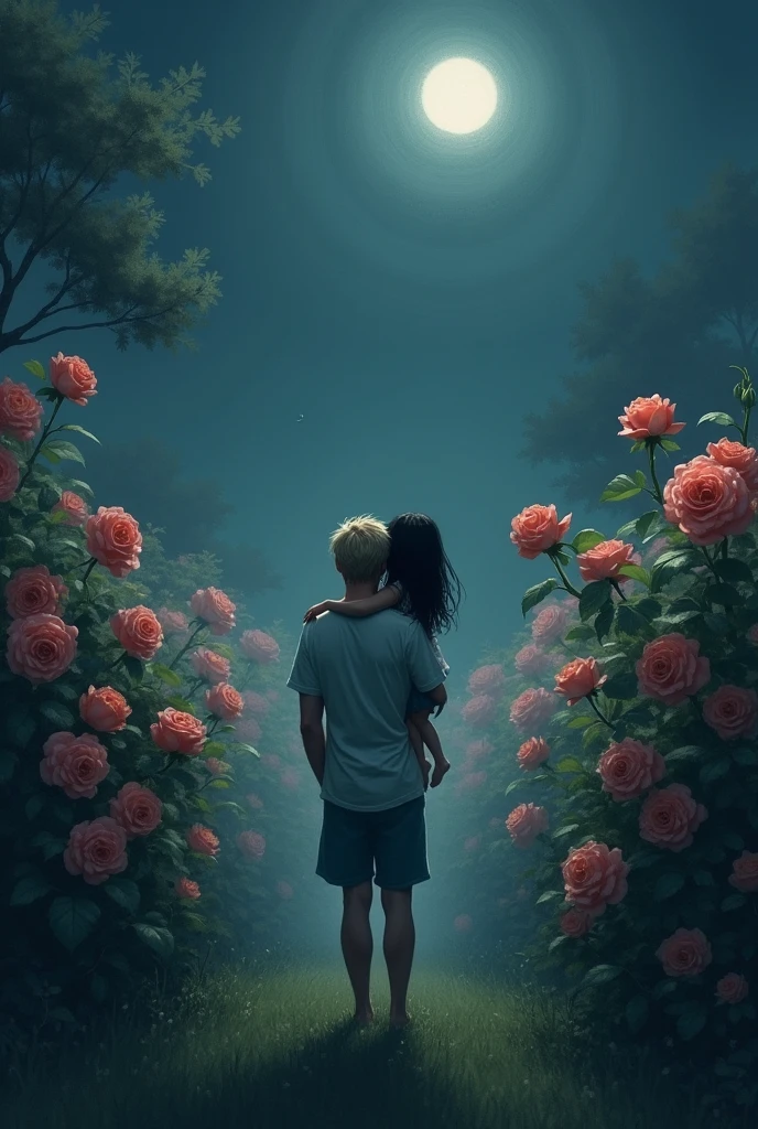 I want you to create a rose garden, at night and in the distance, del jardin y that are almost invisible, A blond man with a little black-haired girl in his arms, that are almost invisible, Let the garden be what is most visible