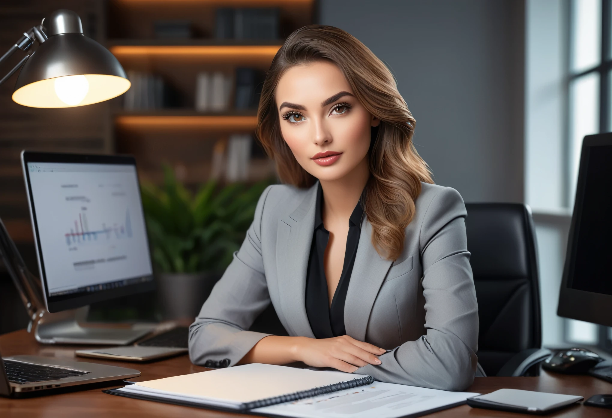 a professional business consultant, view front, detailed portrait, hyper realistic, realistic lighting, photorealistic, 8k, (best quality,4k,8k,highres,masterpiece:1.2),ultra-detailed,(realistic,photorealistic,photo-realistic:1.37), sharp focus, professional, studio lighting, extremely detailed face and eyes, beautiful detailed eyes, beautiful detailed lips, extremely detailed facial features, impeccable skin, confident expression, formal outfit, office setting, business documents on desk, laptop, strategic planning, thoughtful pose