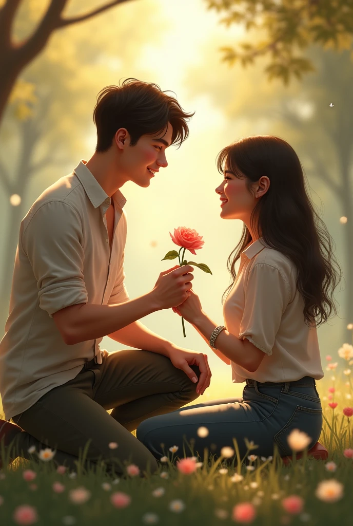kneeling down giving a flower to his girlfriend