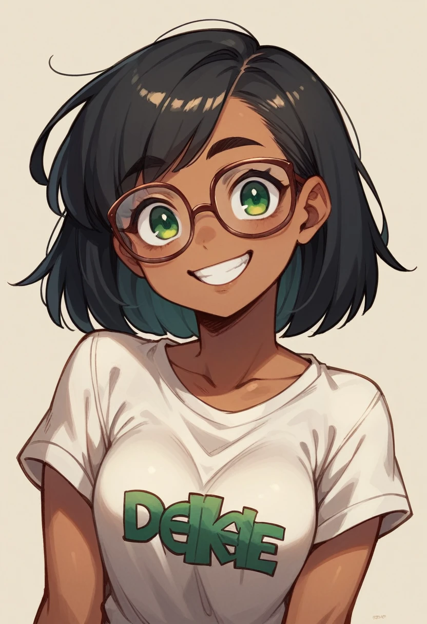 1 woman, airhead but very intelligent, mixed race Latina, olive green eyes,tan skin ,dark complexion, straightened and tied long black hair,nerd, glasses, wearing geek t-shirt,smile,manga style line, bedroom in background 