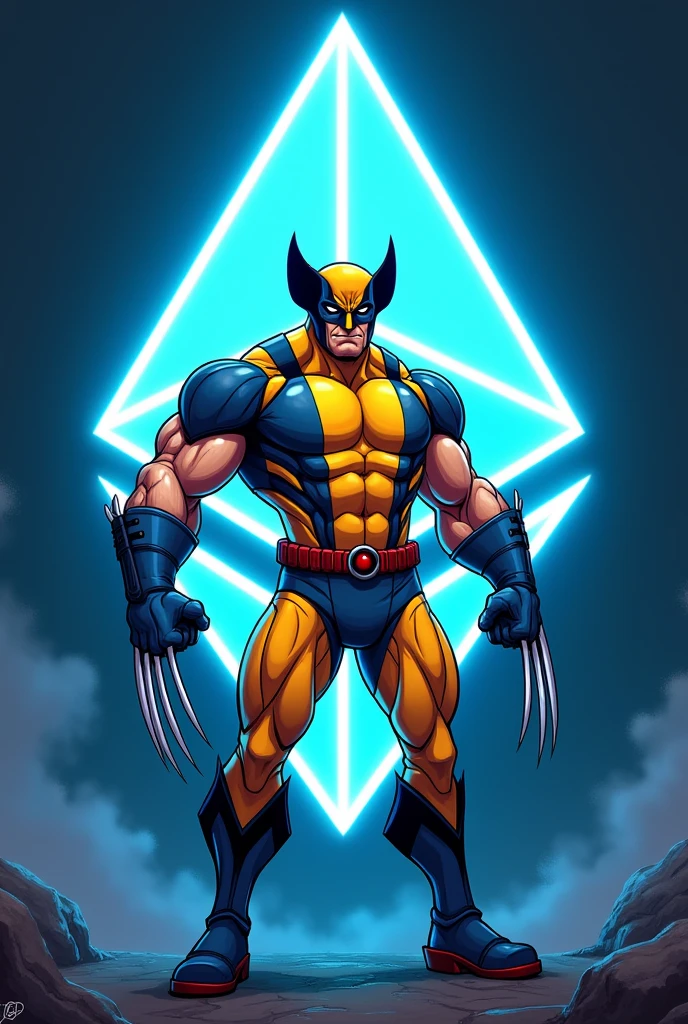 The Wolverine in costume as a cartoon with the ethereum logo behind him glowing blue 