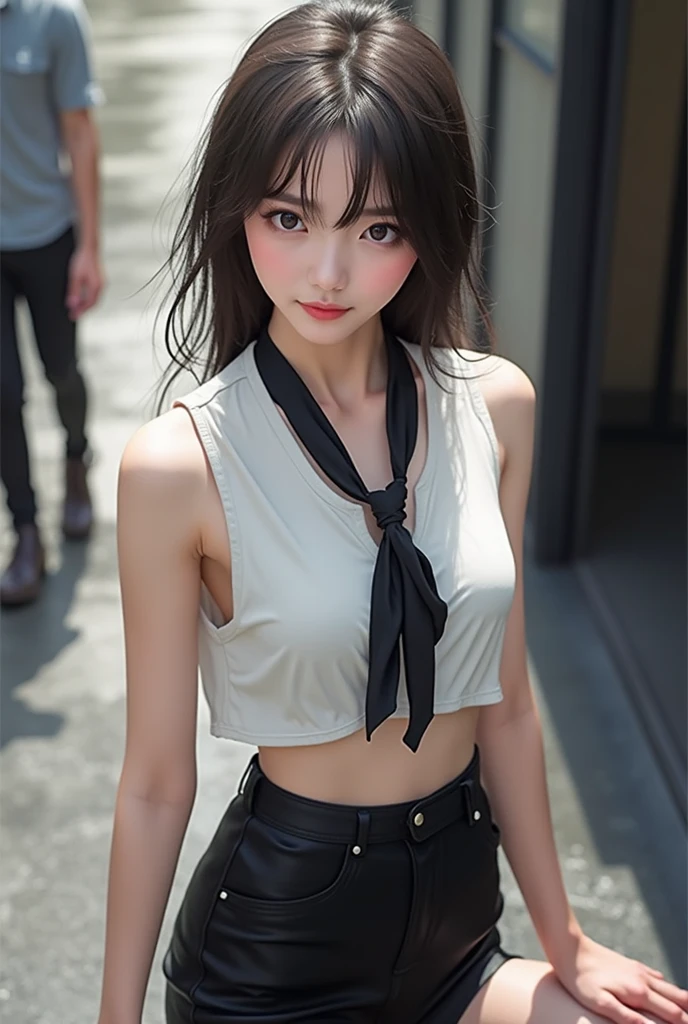 full body, kim chaewon nude, ((random nudity)), korean  girl,  girl, small breast, figure, long hair, nudity, exposed, midriff exposed, small , ((thin-waist)), a small face, spreading pussy, bikini tan line