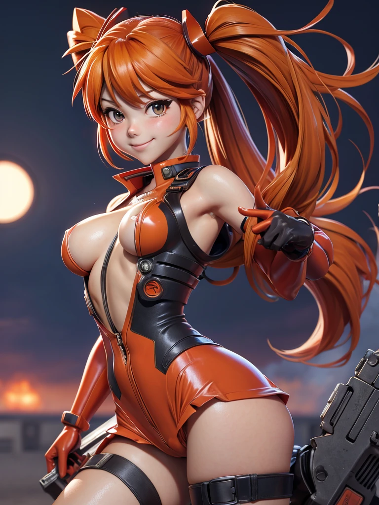Asuka Langley in a provocative pose at a military base. looking at the viewer, smile, twin tails, blush, breasts, masterpiece, The best quality, necessary,