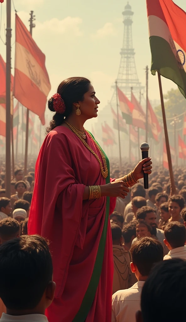 "A depiction of Bhikaji Cama in a historical feminist rally, confidently addressing a crowd of people while advocating for women’s rights." Historical images looks