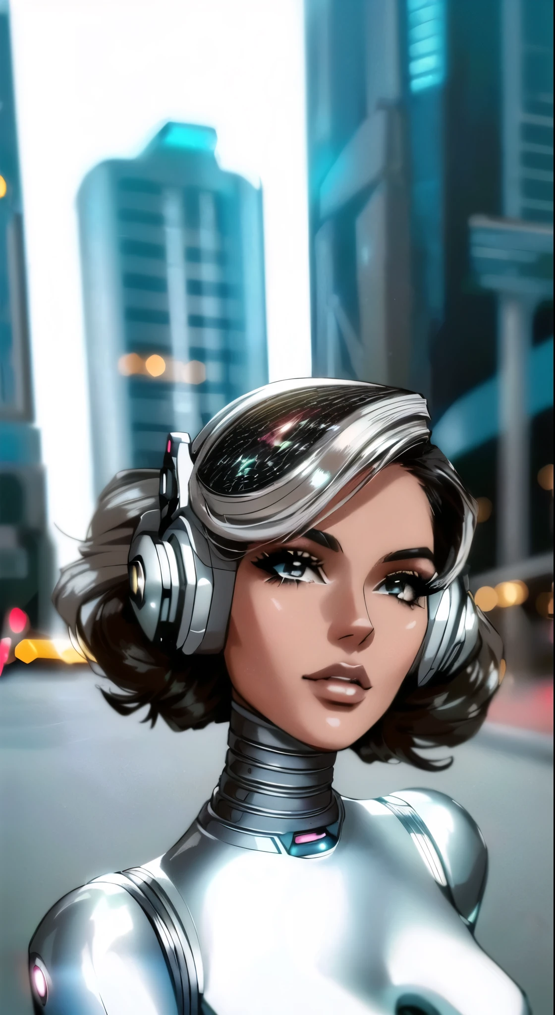 There is a woman in a silver suit with headphones., futuristic look, futuristic style, cyborg model, futuristic hairstyle, barbie cyborg, cyborg - girl, cyber style, elegant futuristic woman, cyborg - girl with silver hair, cyborg girl, portrait of a futuristic woman, very futuristic, cyborg fashion photo, retro futuristic style, futuristic art style, futuristic aesthetic