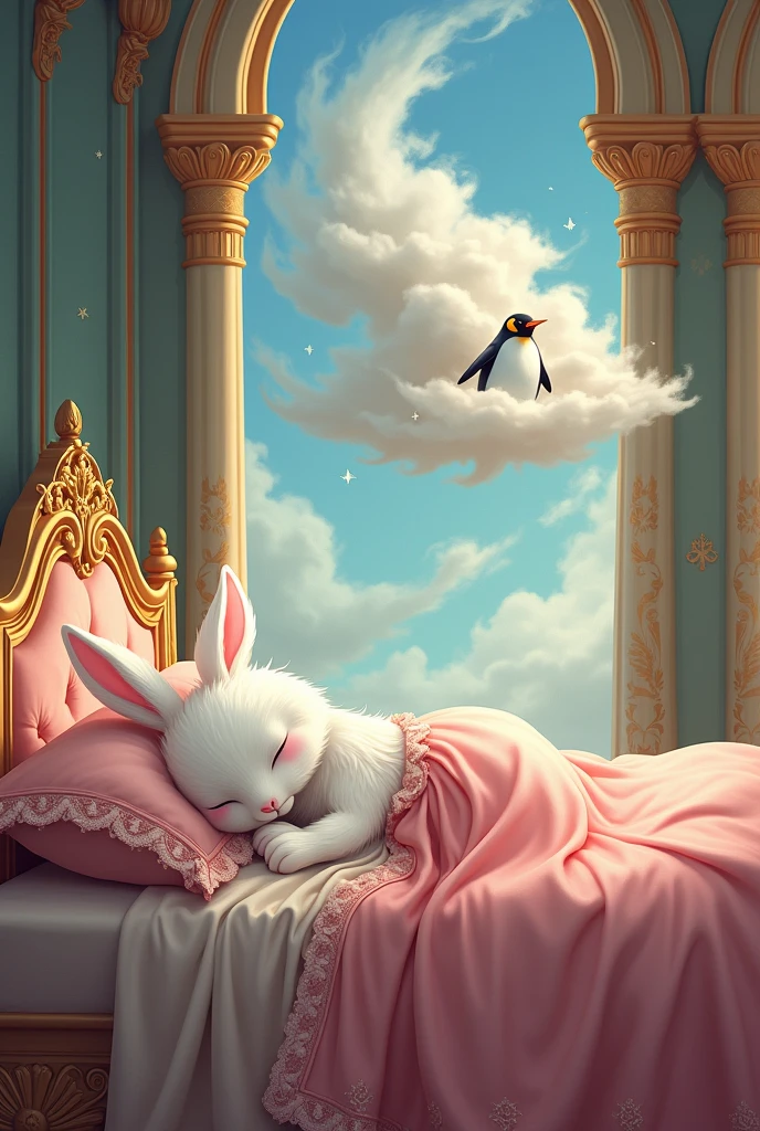 A tall white female animal rabbit wearing a pink night dress sleeping her luxurious royal bed in a grand palace dreaming about a penguin laughing, The dream should be displayed in the form of dream clouds above her. Cartoon illustration with magical atmosphere.