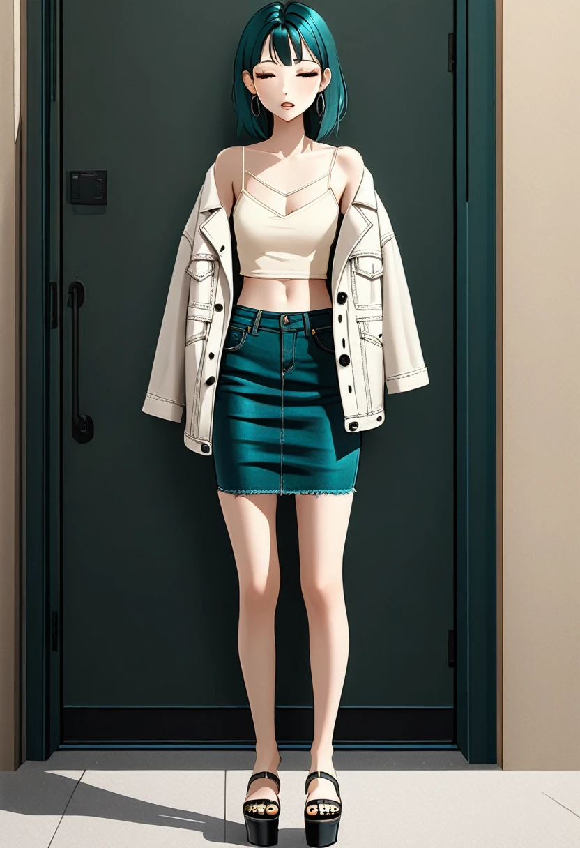 realistic anime illustration of pretty young girl is lying down on rug at living room, closed eyes, wearing white long sleeve jacket, beige v neck camisole, dark-teal denim tube skirt, black platform sandals, (1girl, solo, full body, front view), (masterpiece, best quality, japanese anime style), (expressive eyes, perfect face), BREAK, (white long sleeve jacket, beige v neck camisole, dark-teal denim tube skirt, black platform sandals)
