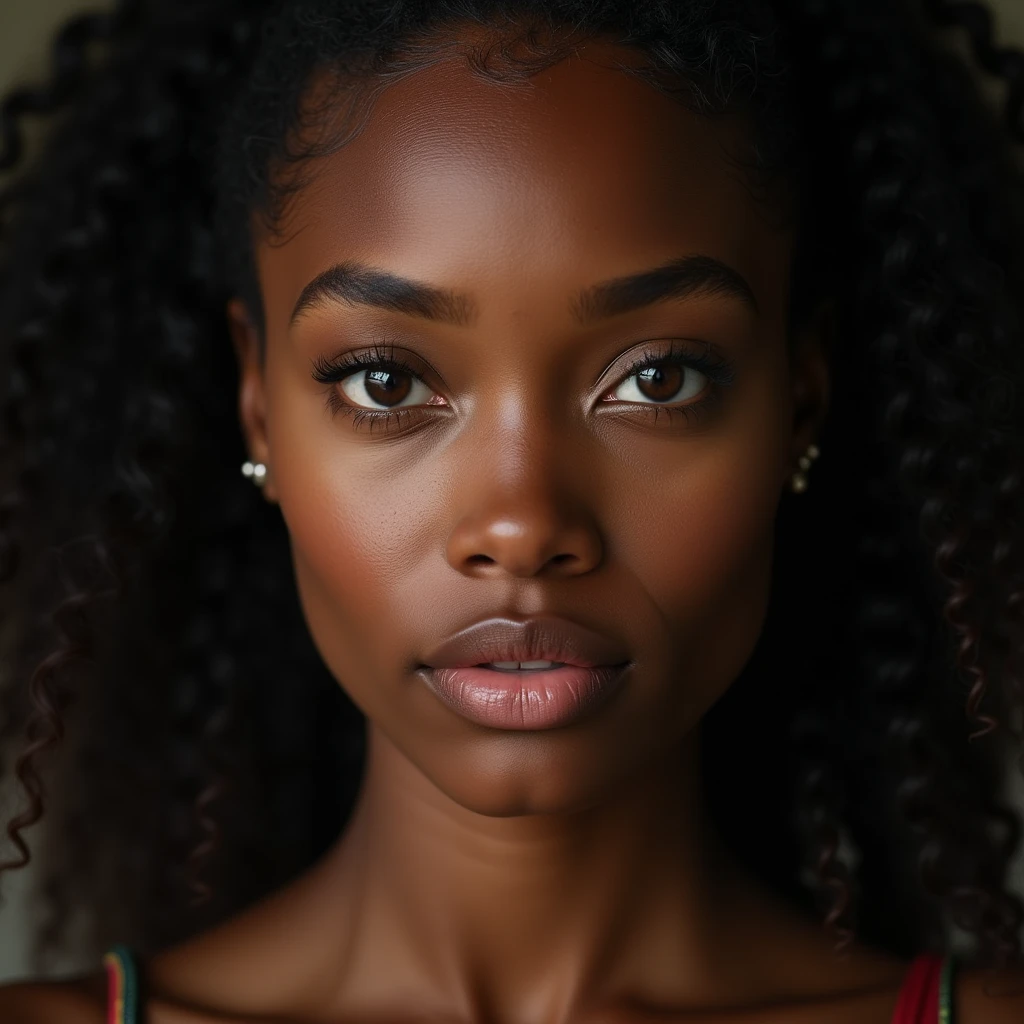 raw, realistic photo, Frontal close-up of 1 beautiful woman, of (2), American Nationality, black hair color, long afro curly hair , Big Eyes, light brown eye color, small nose, perfect mouth with extremely full lips , natural face, naughty, excited and sensual face, texture and depth of highly detailed and hyper-realistic mulatto skin, superior quality, high resolution 8k uhd.