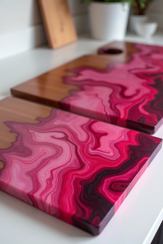 Chopping boards with pink-red epoxy resin