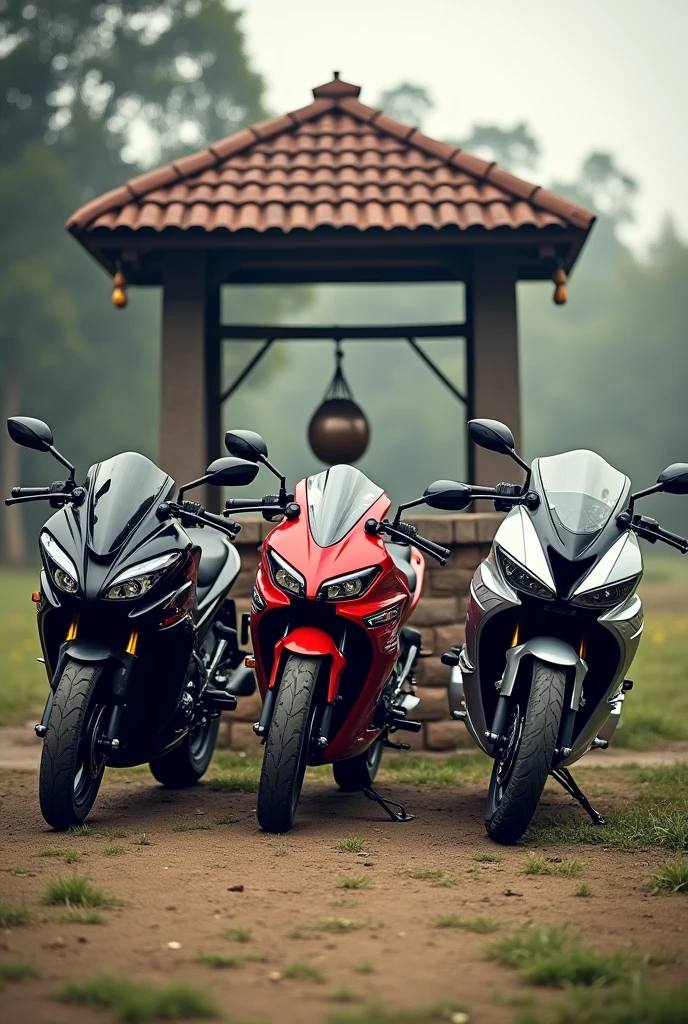 Create an image facing a well with about three motorcycles, a 160, a 150 and a red 150, a gray 150 with a white mudguard and the black 160, the new motorcycles.