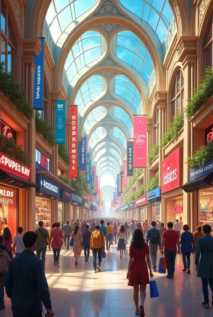 In a bustling shopping mall, shoppers move about their day while colorful store displays catch their eyes.