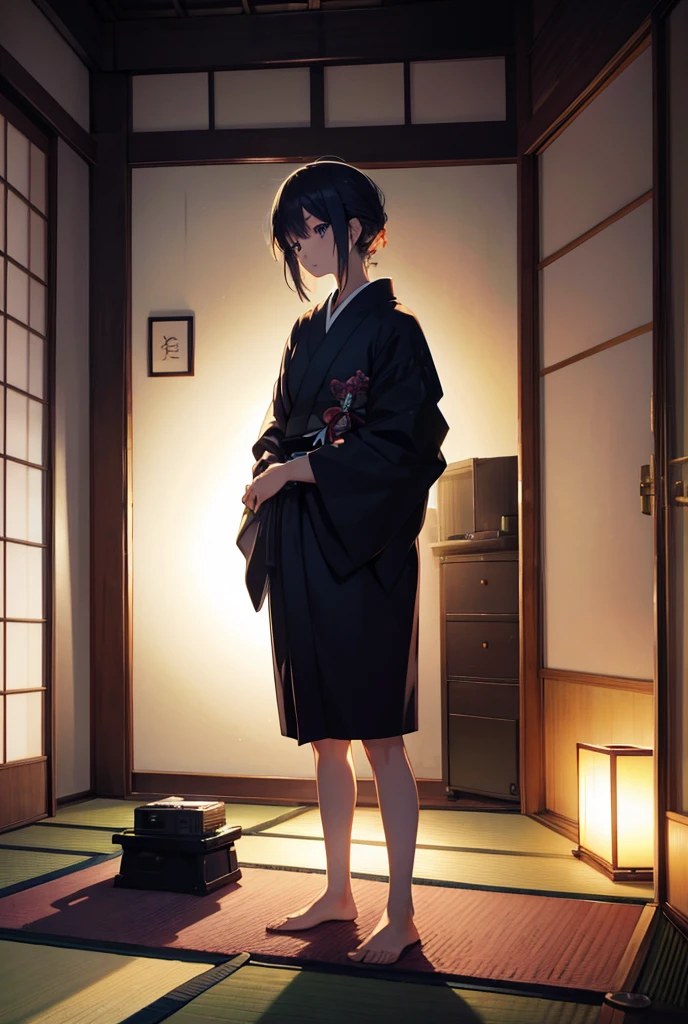 Tokyo, room, cool, atmosphere, sad, night, , Japanese anime, whole body,