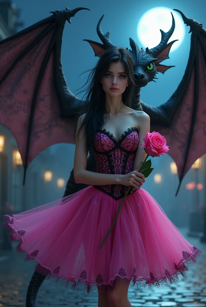 dark fantasy, young woman in fuchsia pink dress with tutu of the same color with black lace, intense blue eyes, long straight messy hair, jet black color, a bubblegum pink rose for decoration, A fierce dragon with large bat-style wings and emerald green eyes, night background with stars and full moon \uD83C\uDF15, and city with buildings and a cobblestone street