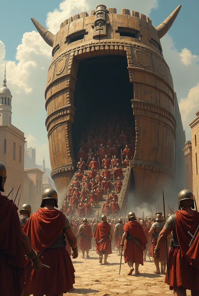 Greeks coming out of the Trojan horse ready to attack