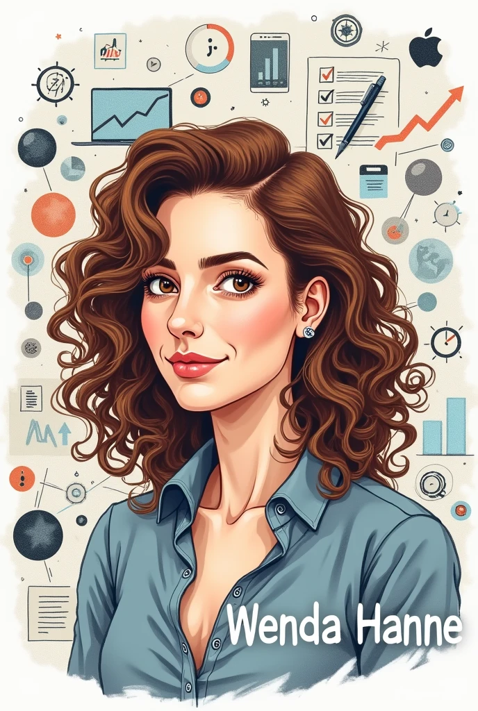 Create a professional LinkedIn cover in portrait mode, with symbols and figures that resemble administration and an image of a woman with curly hair, of the illuminated brown color, average size, eyes browns, white, in drawing with the name Wenda Hanne appearing 