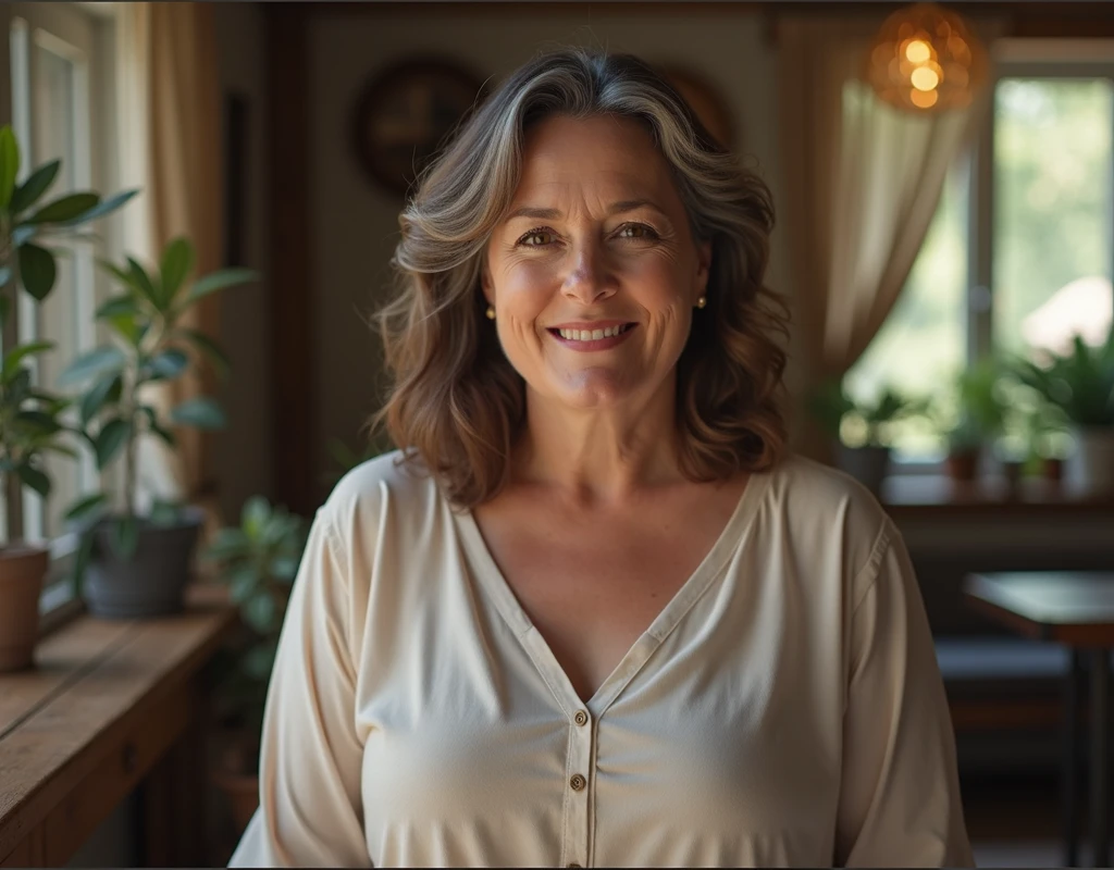 Create a highly realistic image of an adult woman around 50 years old. She should have slightly visible signs of aging, such as soft wrinkles around the eyes and mouth, and some graying hair strands. The woman should appear to be about 5 kg overweight, with a fuller face and a naturally curvy body shape. She has medium-length, wavy brown hair, with a few gray hairs scattered throughout. Her complexion is fair with a light, natural makeup look. She should be dressed in casual, everyday clothing, such as a simple blouse and jeans. The setting should be a cozy indoor environment with soft, natural lighting to emphasize the realism of the scene. The expression on her face should be warm and inviting, as if she is engaging in a pleasant conversation.