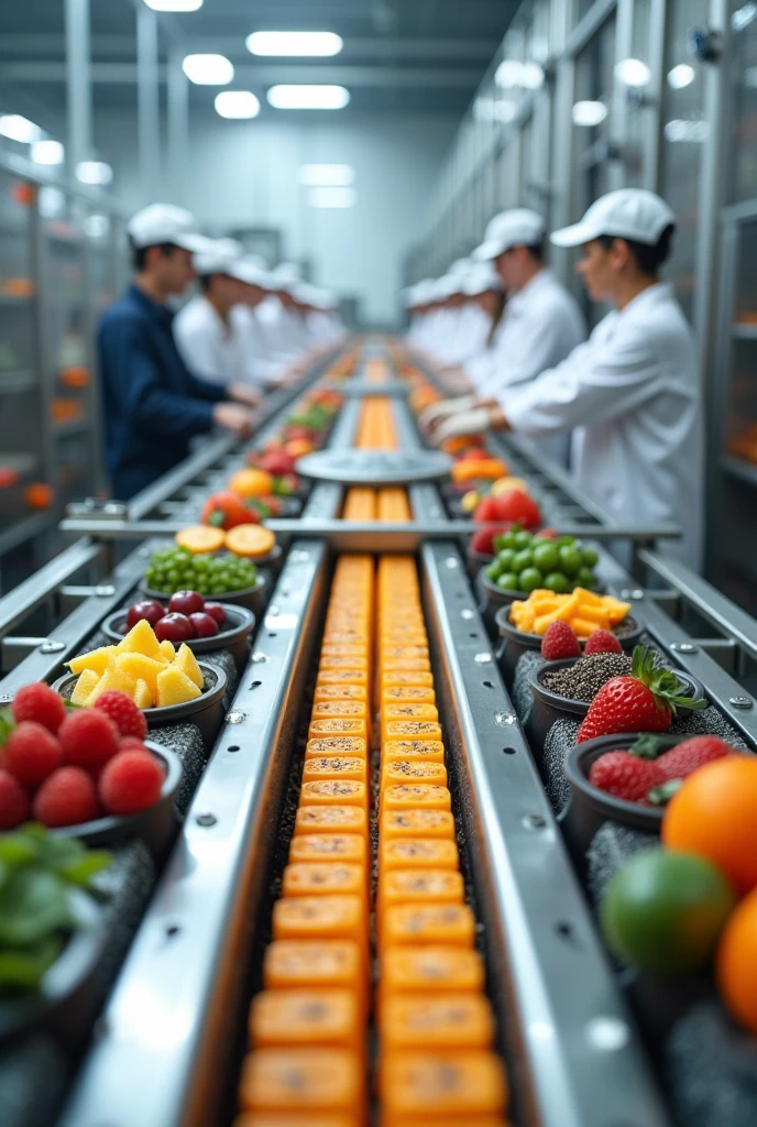 Cubes with chia seeds and fruit pulp being produced in a factory