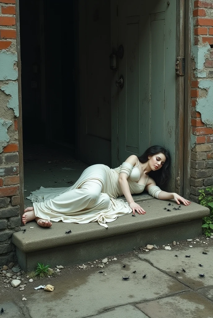 Sleeping Goddess sprawled on the doorstep of a dirty brick building with bugs crawling on the street