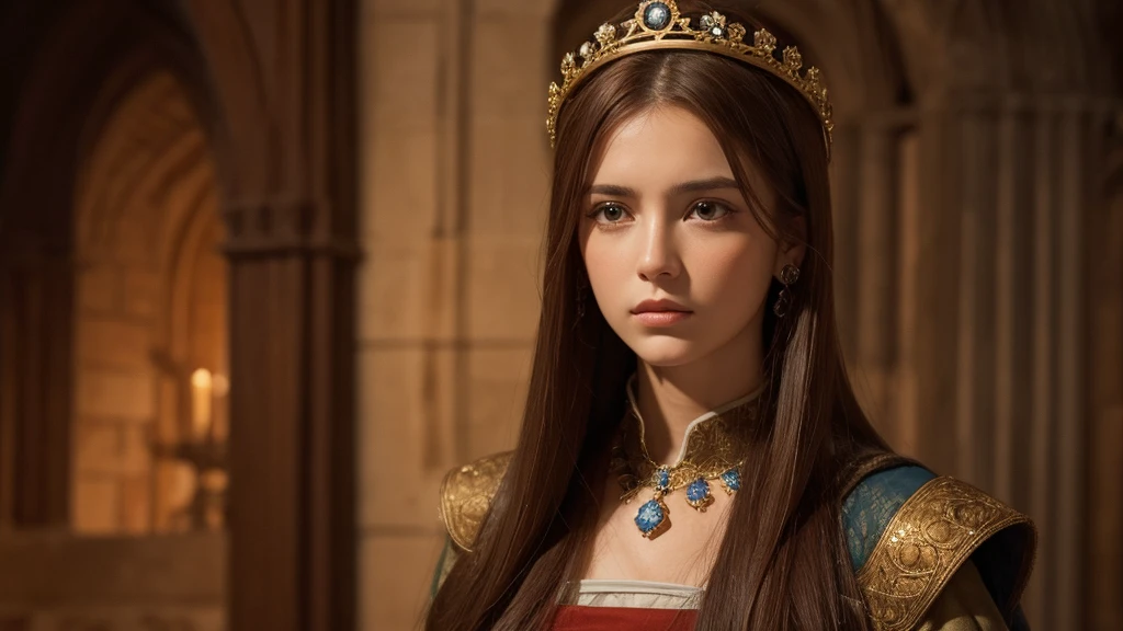 beautiful face, Queen of Medieval Spain, brown hair, sad, night,