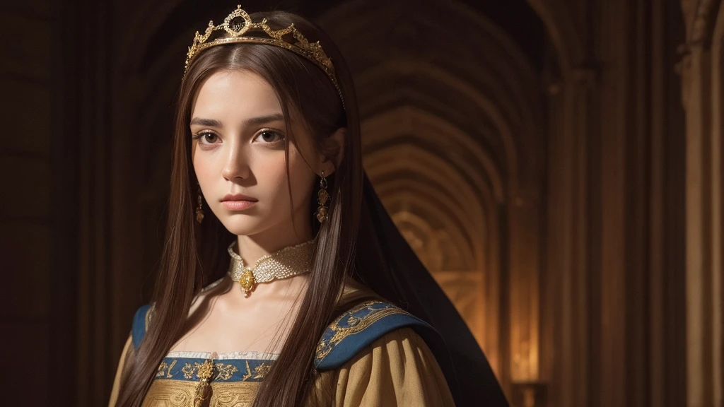 beautiful face, Queen of Medieval Spain, brown hair, sad, night,