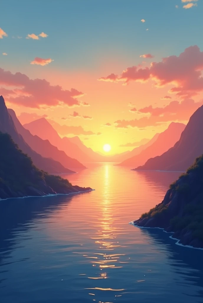 "A serene and inspiring background designed for a motivation page. The image features a sunrise over a calm ocean, with the golden light reflecting on the water. The sky is a blend of warm colors—orange, pink, and light blue—gradually fading into a clear, soft blue above. In the foreground, there are silhouetted mountains on either side, framing the scene. Gentle waves ripple across the ocean, creating a sense of peace and new beginnings. The overall mood is uplifting and serene, perfect for a motivational theme.",
"size": "1792x1024"