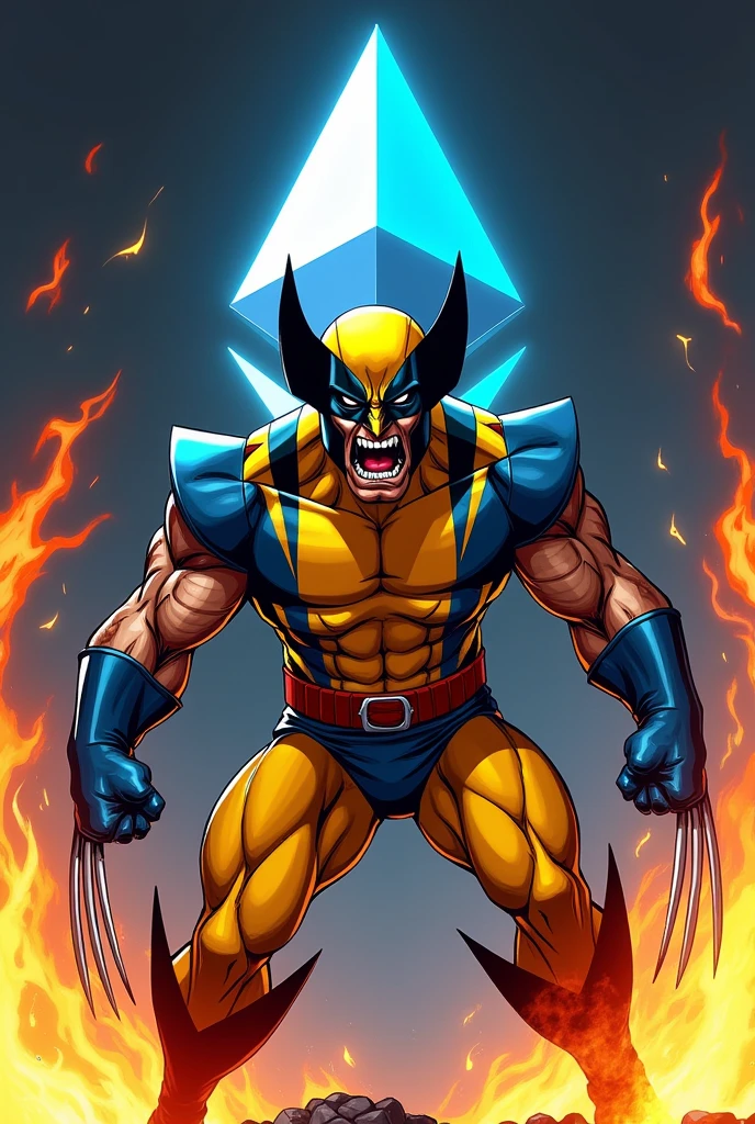 The Wolverine in costume angry as a cartoon with the ethereum logo behind him and fire
