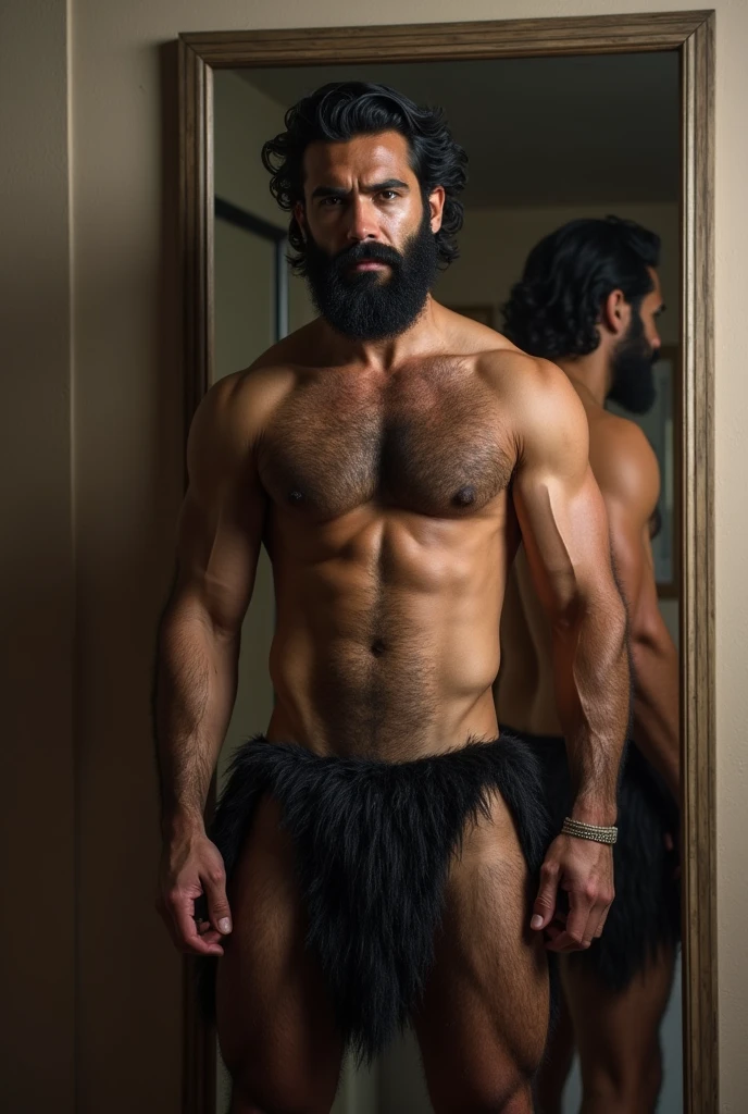 Strong Puerto Rican man with hairy body, very hairy, bearded man in front of the mirror naked naked from the belly down, nakeness, showing hairy groin, lots of hair, only hip showing.