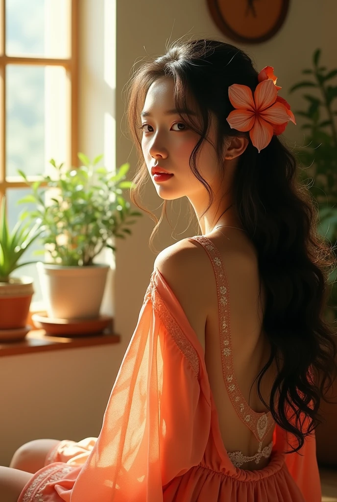 (photorealism:1.2), beautiful woman, sitting near window , wearing korean top,covering her face by beautiful flower,pajama pants, long curly hair, indoors, soft lighting, plants in background, window with sunlight, cozy room, relaxed pose, realistic, intricate details, BTS Kimseokjin backside her, warm colors, by Greg Rutkowski, by Alphonse Mucha