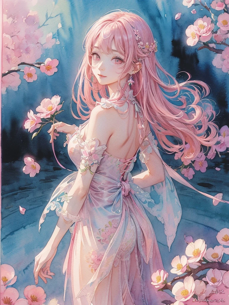 strawberry、Best Photos、An illustration、detailed、(Watercolor:1.4)、(Hand-drawn:1.2)、(Watercolor brush bristles)、 masterpiece: 1.7, Highest quality、solo、Show me your back、Picturesque、sketch、Paper Texture、Ultra-high resolution、extra detailedd face、Highly detailedd eyes、Flat Color、Limited palette、High Contrast、Realisticな、Best lighting、goddess、elegant、Leprechaun、Mature Woman、Beautiful woman、Jewel Eyes、Pink Hair、Straight hair、Blue Gem、Smile a little、Blanche:1.5、(Tangleた、And Mandalas、Tangle、Intertwined:1)、Background Flowers、Lots of flowers、(((Stickers))), Exquisite detail, Highest qualityの8K解像度, 非常にdetailedな, Realistic, Vibrant colors, Soft tones, Warm and gentle lighting, (Beautiful Gothic Black Dress, Cute pink ribbon, Beautiful frills:1.2),(Sleek and straight pink hair:1.2),(Hair parted in the middle:1.2),(Shiny Hair),(Pink Eyes:1.3),Garden Girl,With overflowing softness and kindness,Visible and tangible emotions,(The promenade is full of flowers:1.3), Create colorful reflections.The sun shines with joy and pure love, Casts a warm golden glow on the girl's face,Freed from the troubles of this world. The atmosphere is full of happiness and laughter, It's like heaven、As if celebrating love,デジタルAn illustrationと写真を組み合わせて作成する, 超高精細な描写とVibrant colorsにこだわる. A style that combines romanticism and realism、You can feel the depth of love. The color palette consists of soft pastel tones., Creates a dreamy and fantastical atmosphere. The lighting is soft and diffuse, Put a gentle light on your face,この作品はmasterpieceだ,