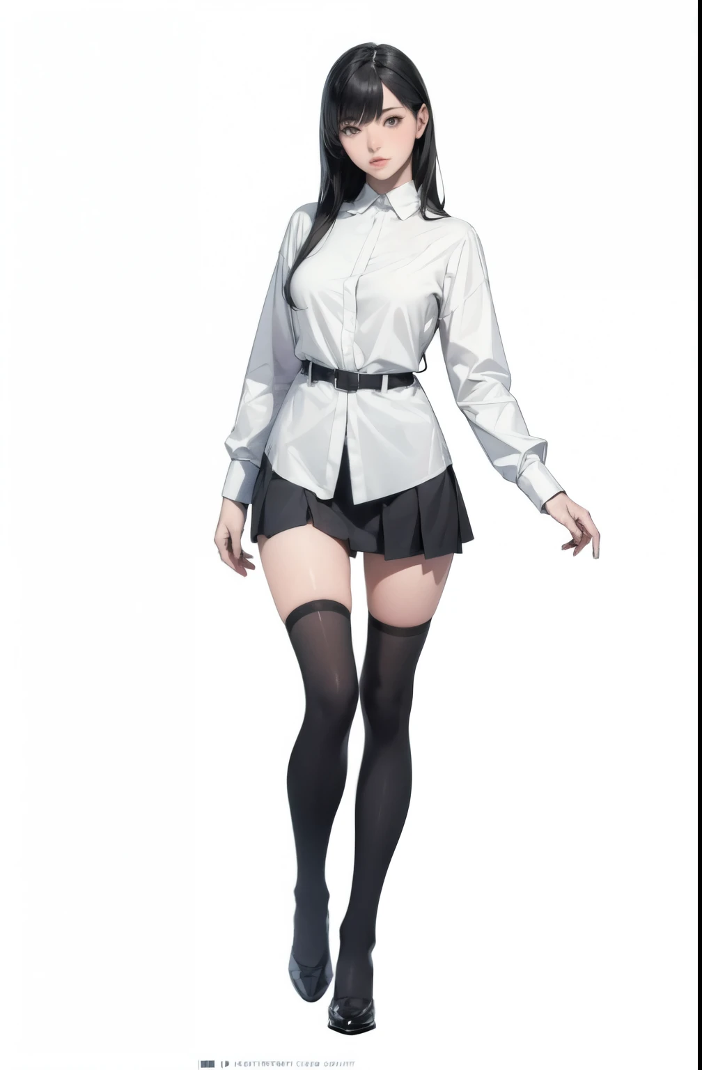 ((masterpiece, best_quality)), 1girl, (photorealistic:1.4),  solo, white_background, black_hair, long_hair,   zettai_ryouiki, oversized shirt, mini skirt, ((full_body)),