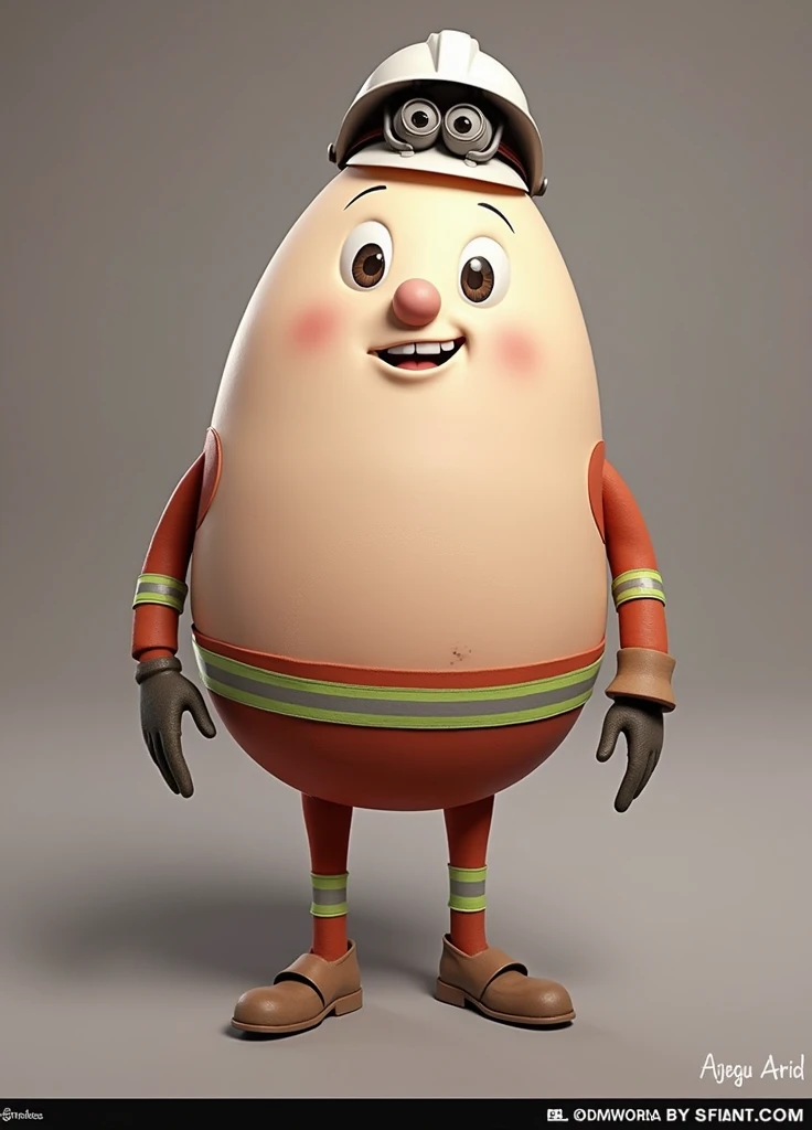 Humpty Dumpty from Dreamworks wearing a long-sleeved red safety jumpsuiut with green reflective stripe on the sleeves and legs, wearing a white safety helmet.