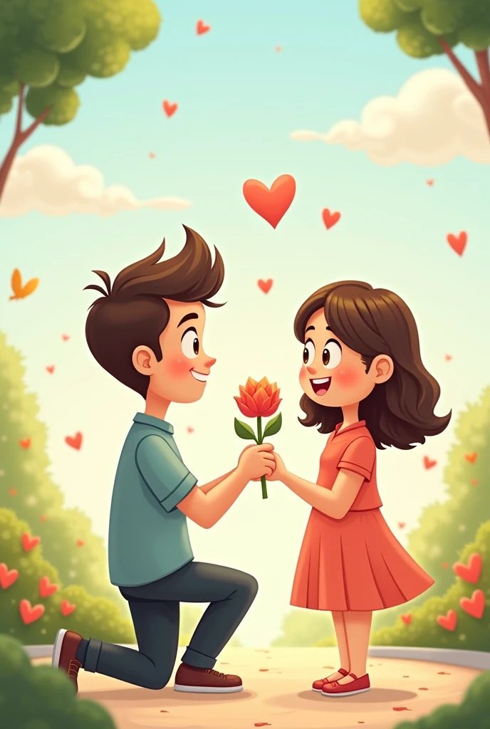 Cartoon man kneeling down giving a flower to his girlfriend