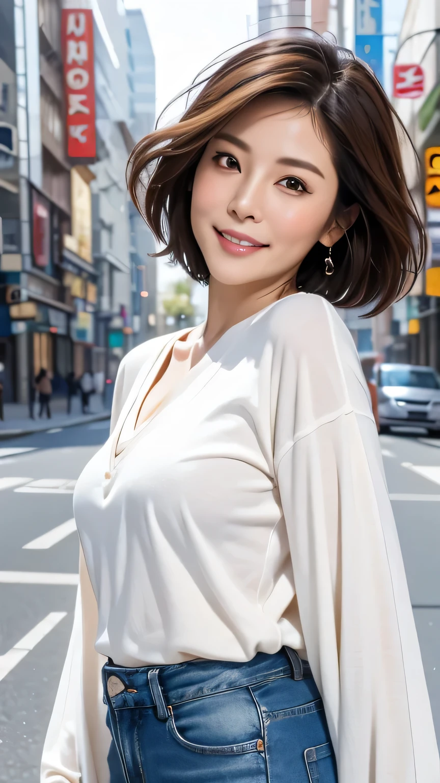 (masterpiece, Highest quality, 8k)、Cowboy Shot、One housewife、40 years old、Japanese、Walk towards here、smile、Realistic facial wrinkles、Tight white long sleeve T-shirt、Lightweight cardigan、Skinny jeans、Short Bob Cut Hair、Brown Hair、Shooting from below、Wandering the city、blue sky、Blurred Background、