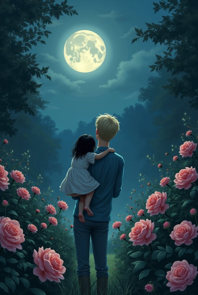I want you to create a rose garden, at night and in the distance, del jardin y that are almost invisible, A blond man with a little black-haired girl in his arms, that are almost invisible, Let the garden be what is most visible