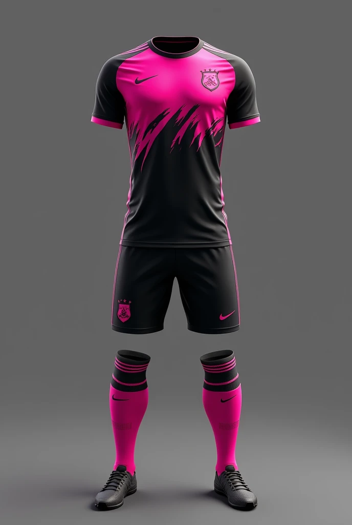 Make me a soccer uniform with black and pink colors with the front and back example 