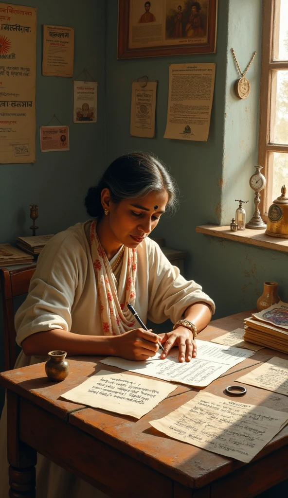 "A scene showing Bhikaji Cama writing in five different languages, showcasing her multilingual abilities while surrounded by revolutionary documents." Historical images looks