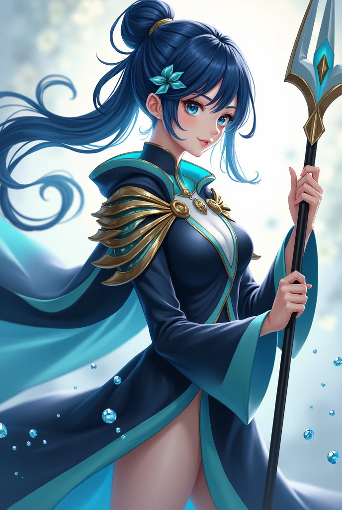 A sophisticated female character from Liyue with a Hydro Vision, wielding a sleek, crescent-shaped spear. She has navy blue hair styled in a sleek, partially updo placed high, long hair with light blue highlights. with a light blue wave-shaped hairpin. Her eyes are deep blue with flecks of gold, and her skin has a soft, warm ivory tone. She wears a form-fitting, high-collared navy blue and teal coat with gold wave patterns, layered over a short tunic. Light, glossy scale-like armor covers her shoulders and forearms. A flowing cape or scarf with a gradient from dark blue to teal trails behind her. Her aura includes faint, swirling Hydro patterns and water droplets around her hands and weapon.