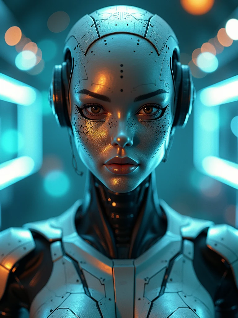 : mujer humanoid robot with intricate circuitry, its metallic face reflecting the glow of a nearby holographic interface.
