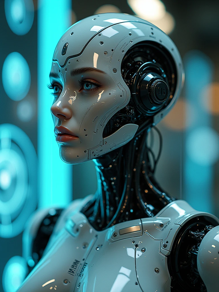 : mujer humanoid robot with intricate circuitry, its metallic face reflecting the glow of a nearby holographic interface.