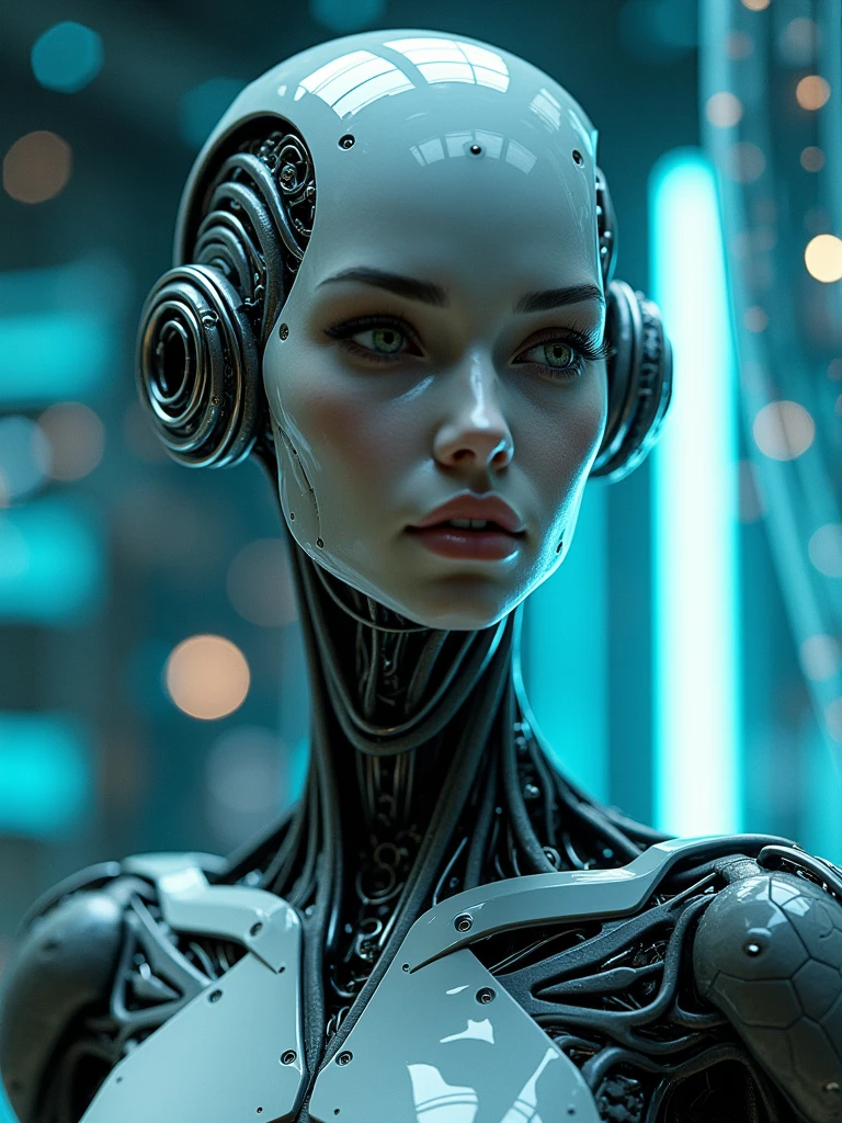 : mujer humanoid robot with intricate circuitry, its metallic face reflecting the glow of a nearby holographic interface.