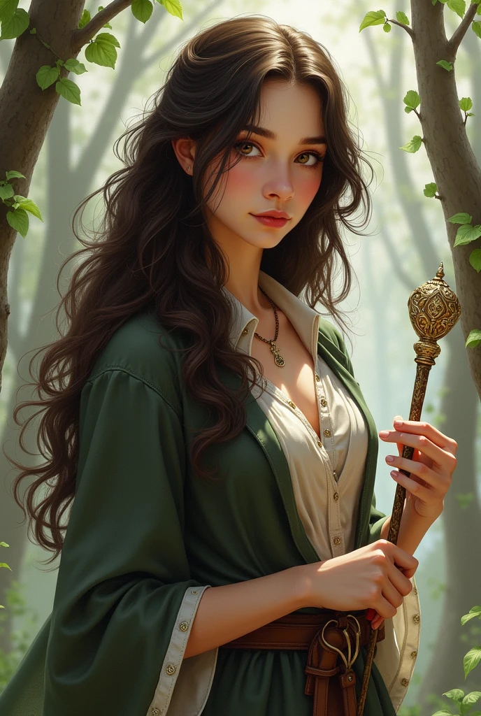A bard with dark brown long hair and brown eyes. She looks like Lucy Gray. she smiles. She has a magic wand in her hand.