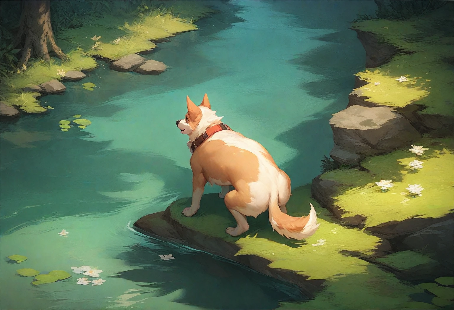 Cartoon character dog stanging in a river